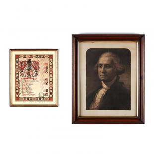 Two Framed Prints Pertaining to George Washington: the first: a portrait of Washington, after William Edgar Marshall (American, 1837-1906), published in 1878 issue of Harper's Weekly, presented in antique frame, with corresponding article affixed to f