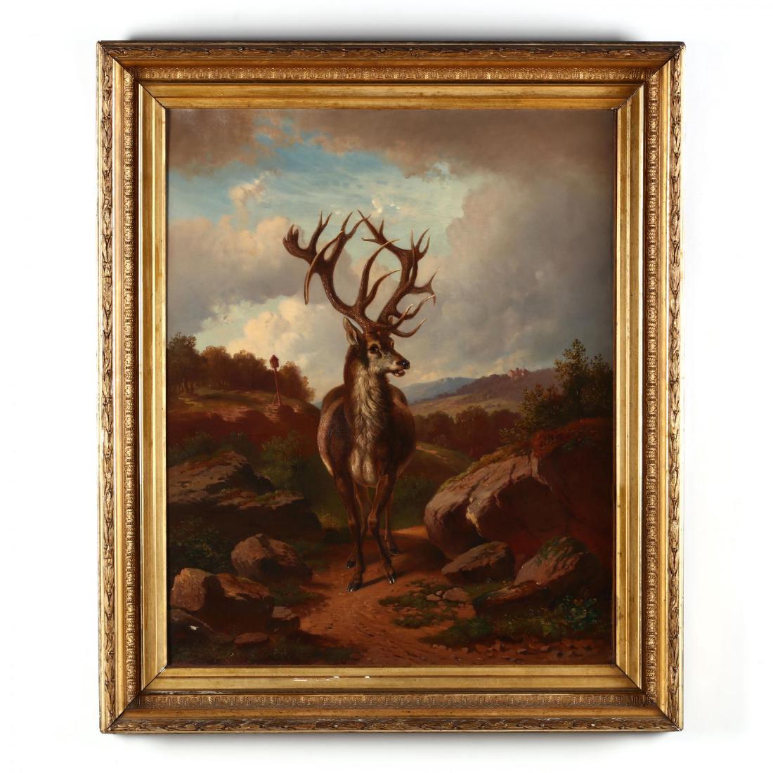 German School, Large Antique Portrait of a Red Stag (1 of 3)