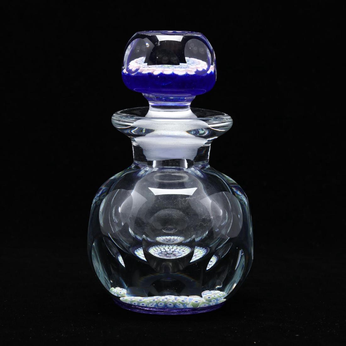 Fine Millefiori Paperweight Ink Bottle: late 20th century, faceted bottle with millefiori stopper and base with cane mark 'D' to bottom center. 5.5 in. Additional high-resolution photos are available at LelandLittle.com