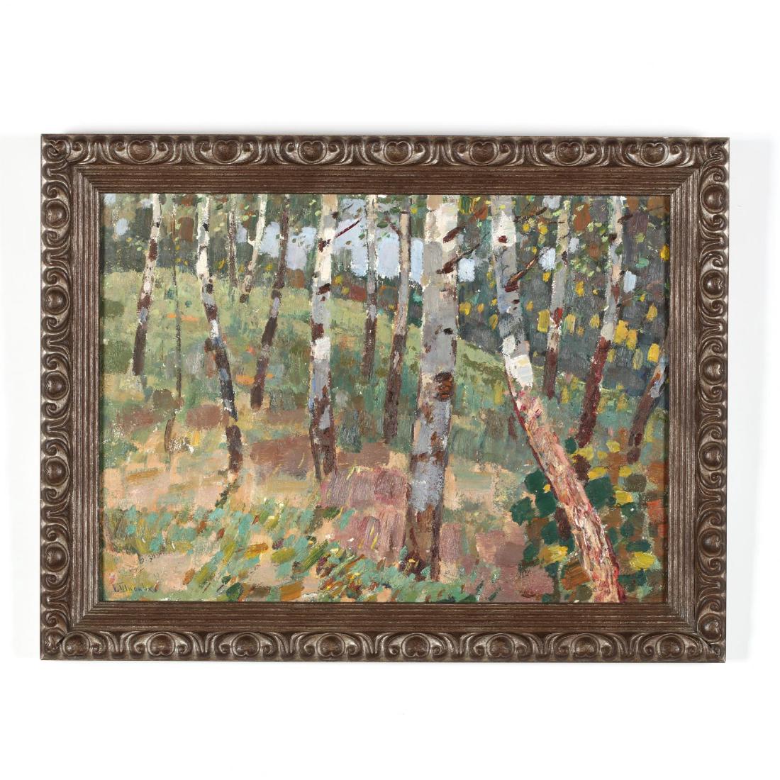 Gregori Andreevich Shponko (Ukrainian, 1926-2007),: oil on board, signed at lower left, framed. DOA 17.5 x 22.5 in. Shponko was a graduate of the Kiev Art Institute in 1954 and a member of the Union of Artists of the Ukraine. He was also a designer for