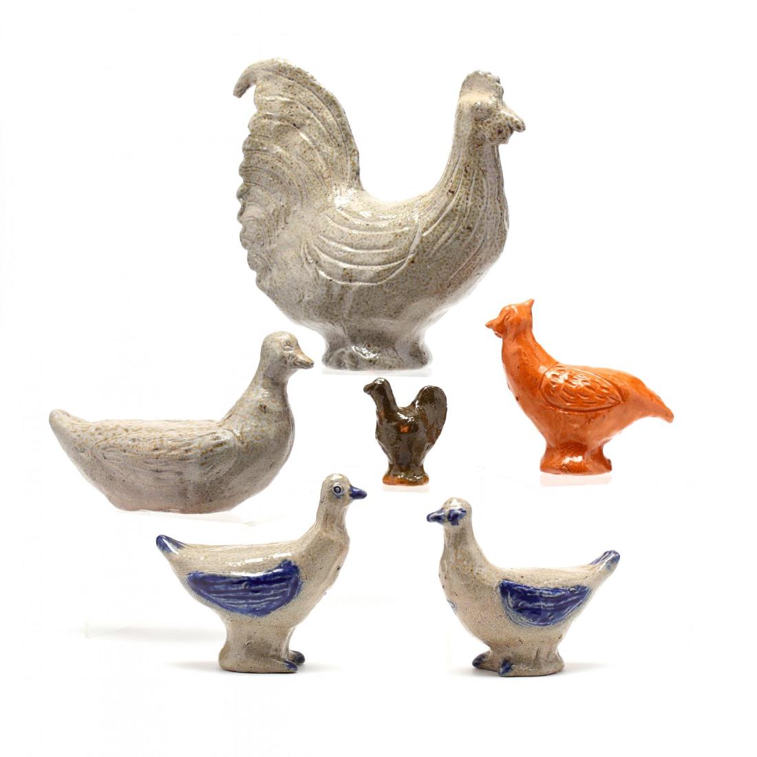 A Selection of Pottery by Charles Moore: six pieces to include a rooster, three shakers, a small chicken, and a duck. All signed. Tall rooster 7.5 x 8 in. The Property of a Greensboro, NC Gentleman Additional high-resolution photos are avail
