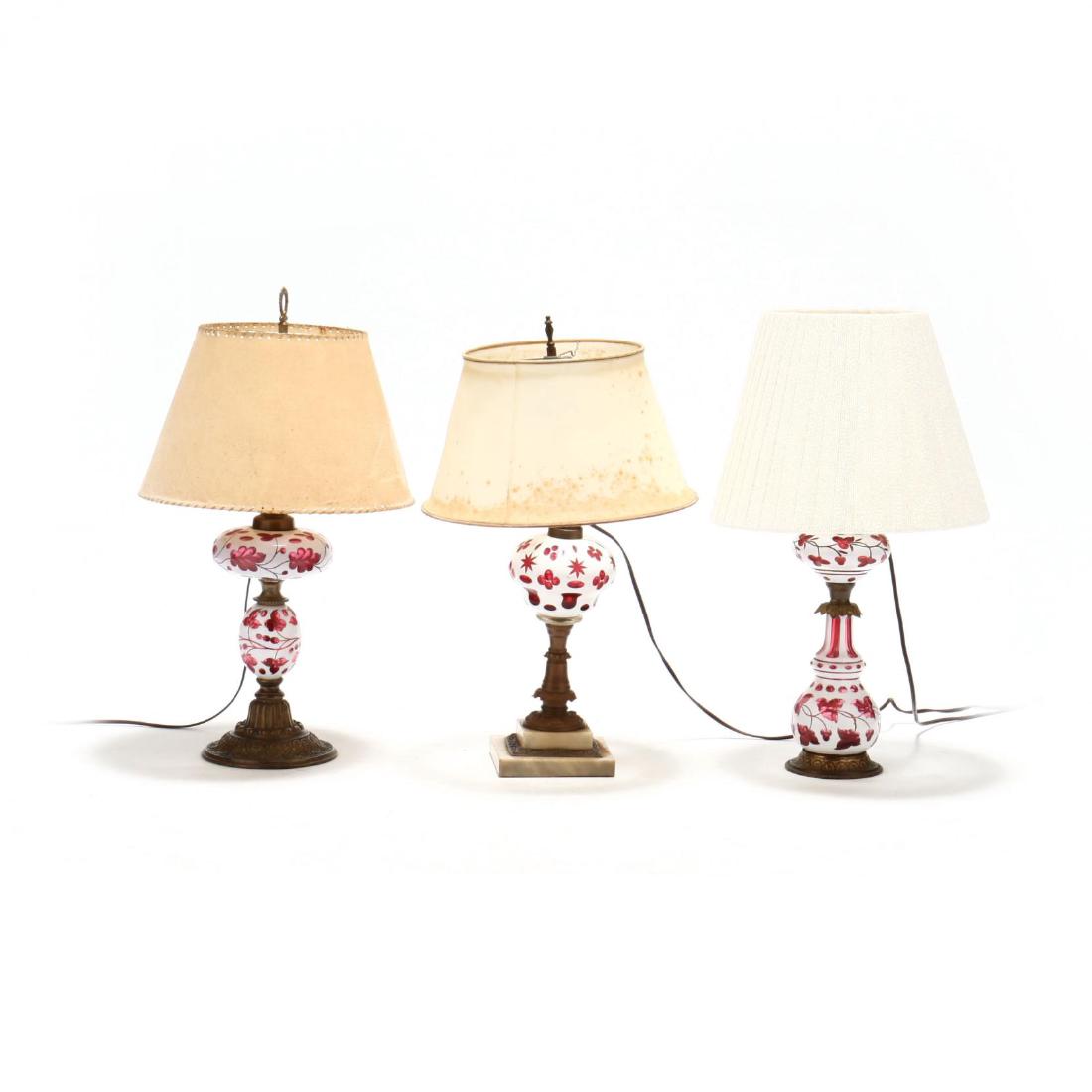 Three Bohemian Cut to Cranberry Glass Lamps (1 of 2)