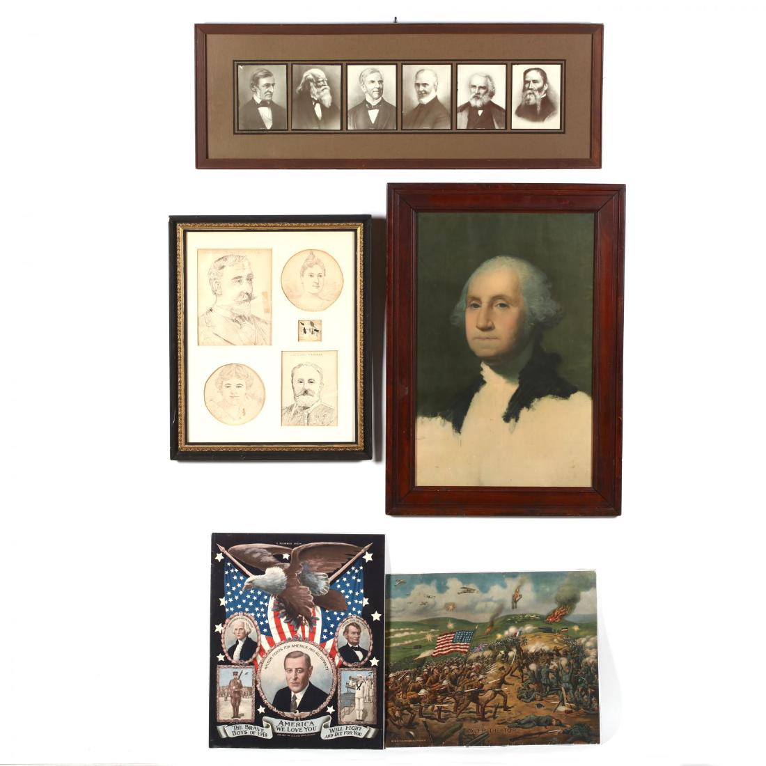 Group of (5) Works Picturing Historical Figures: to include a reproduction print in colors after Gilbert Stuart's George Washington (The Athenaeum Portrait); five ink portraits framed together signed "A. Magnussen"; six reproduction prints framed to