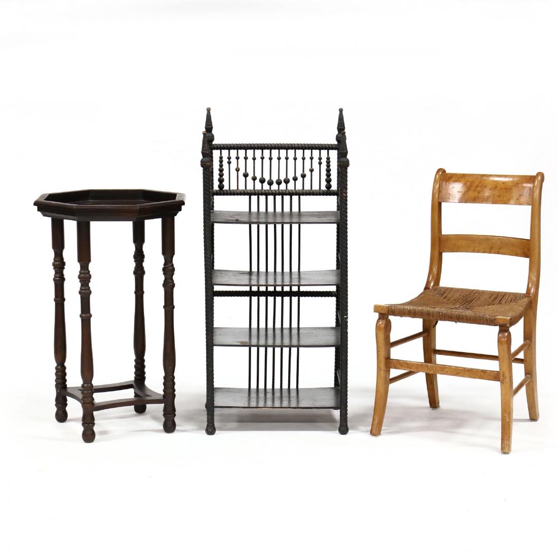 Vintage Bookshelf, Table, and Chair: including a 19th century stick and ball shelf, a contemporary octagonal table, and a 19th century birds eye maple side chair. Bookshelf 40 x 18 x 14 in. Additional high-resolution photos are availabl