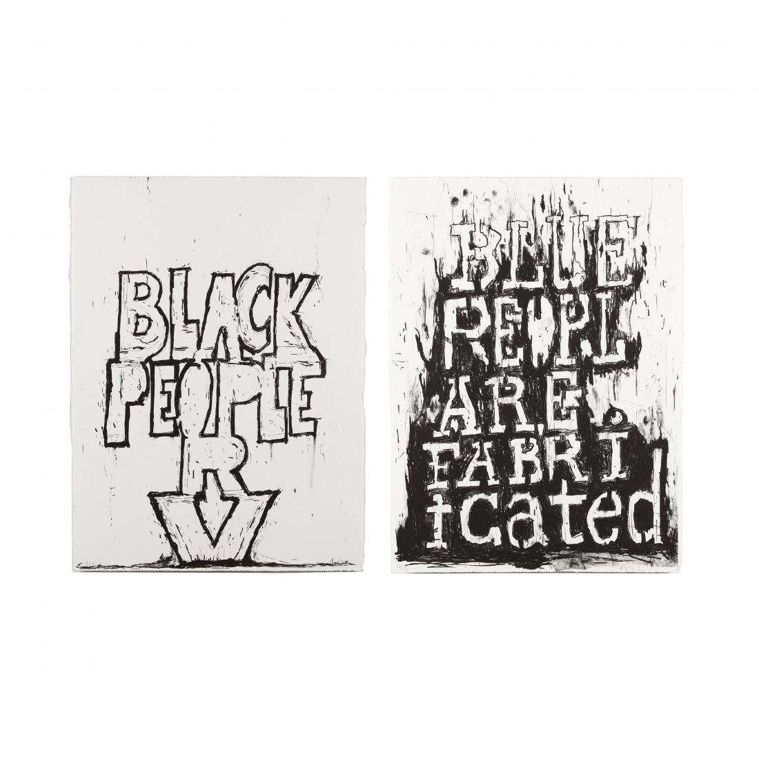 William Pope.L (American, b. 1955), Two Lithographs: to include Black People R V (2012) and Blue People Are Fabricated (2016), each pencil signed "Pope.L" and numbered 12/12, on BFK Rives paper, published by Litho Shop, Baltimore, MD, printed by Brian G