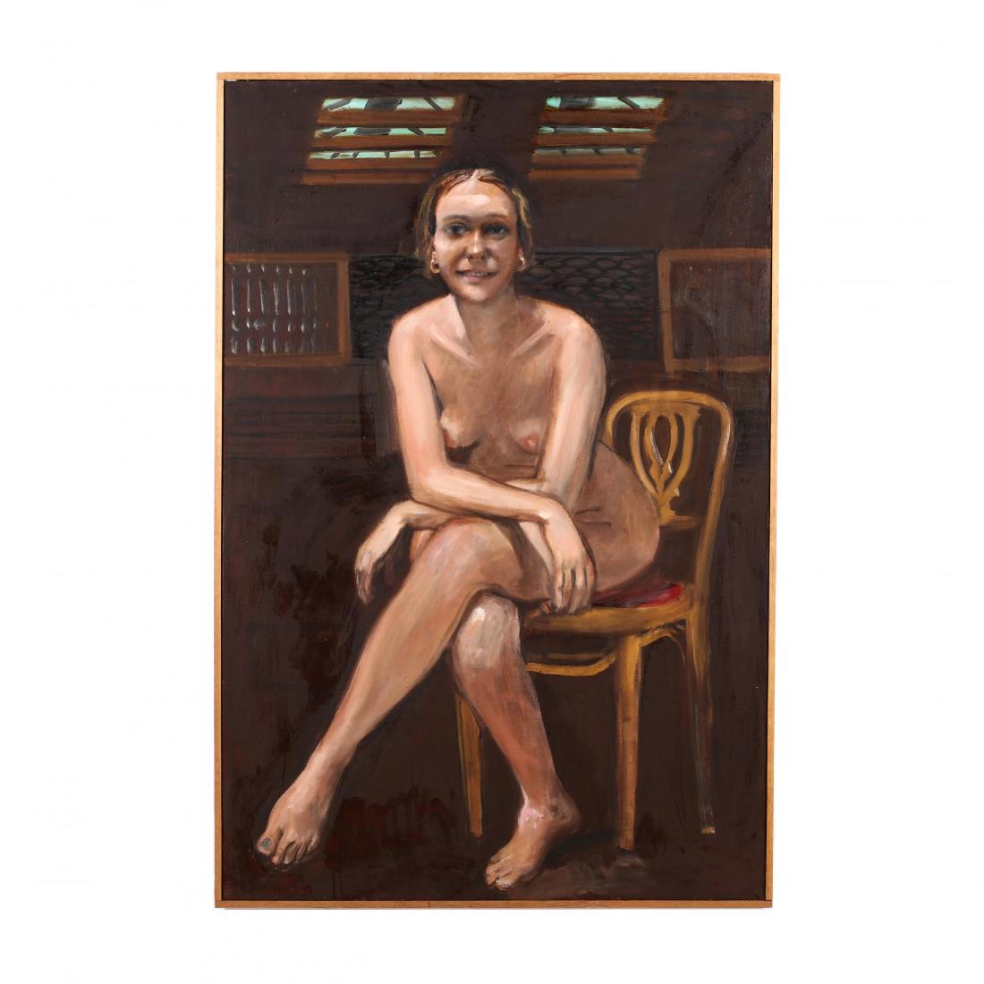 Paul Georges (NY, 1923-2002), Seated Diane: oil on canvas, signed and dated 1976-1977 on the verso, framed. DOA 61 3/8 x 41.25 in. Exhibited: "The New Figurative Painting," David Hamilton / Tatistcheff & Co., Inc., Charleston, SC, May 29 - Jun