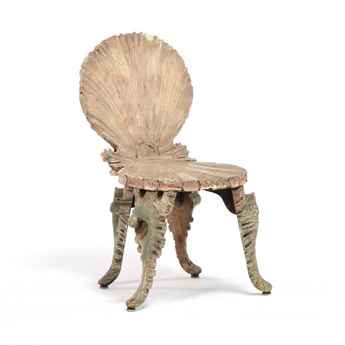 Venetian Carved Grotto Side Chair: attributed to Pauly & Cie, early 20th century, shell carved seat and back, robustly shell carved stylized cabriole leg, old pickled wash finish. 33 x 21 x 20 in. From the Collection of a Gentleman, Fl