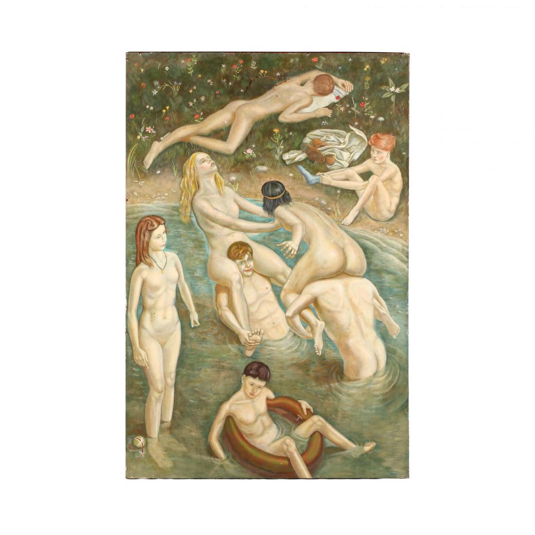 James Bonelli (PA, 1916-2000), Country Bathers: tempera and mixed media on Masonite, unframed, retains exhibition label to verso. 72 x 48 in. James Bonelli studied at the Pennsylvania Academy of the Fine Arts and was awarded the coveted Emlen Cress