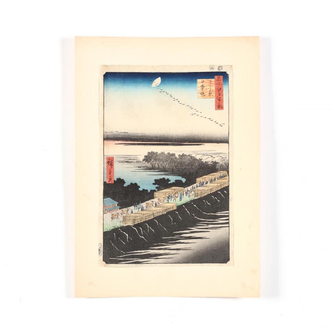 Nihon Embankment, Yoshiwara by Utagawa Hiroshige: circa 1857, from the series "One Hundred Famous Views of Edo," view 100, signed "Hiroshige ga" in red cartouche on left hand side, published by Uoya Eikichi, vertical oban format, presented loose with