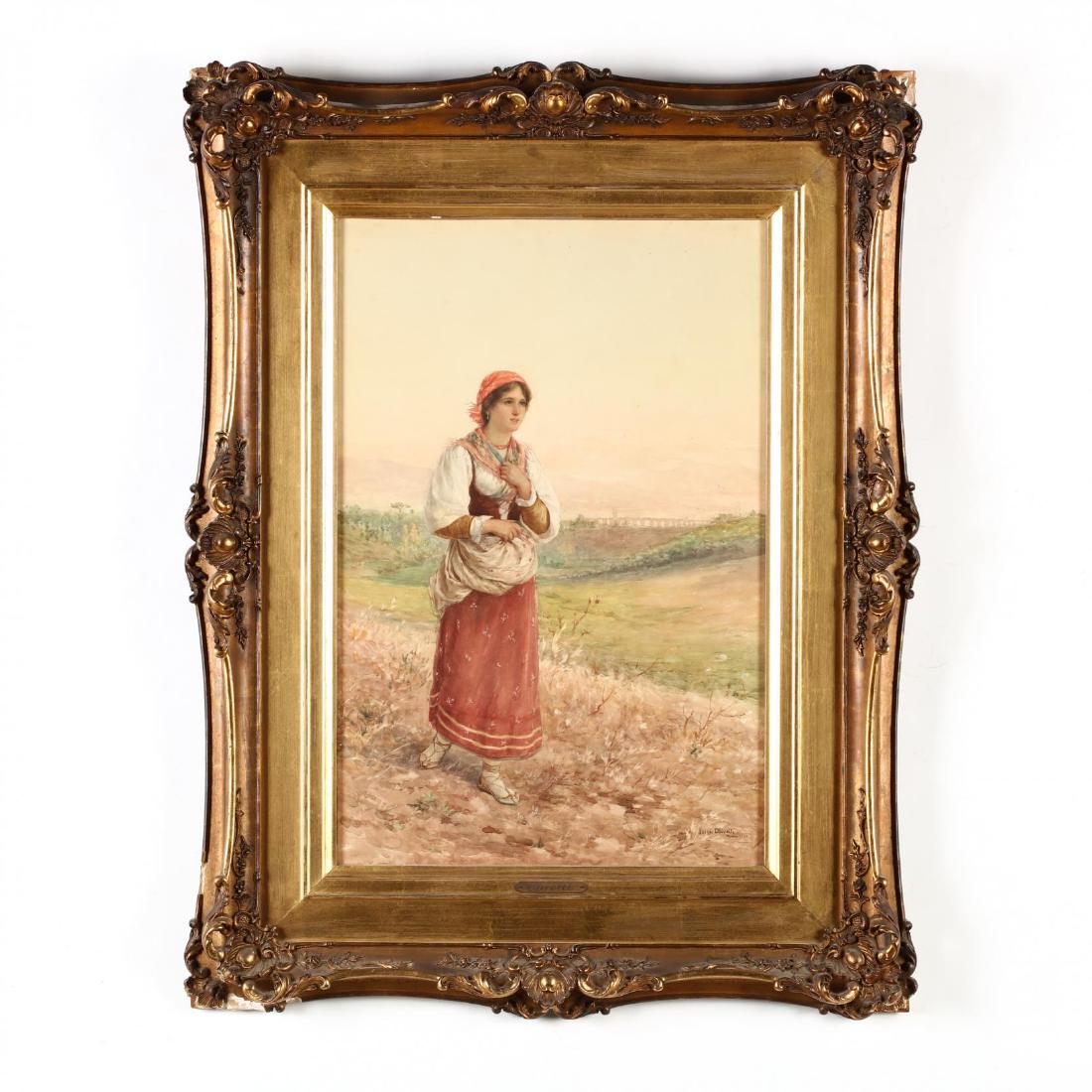 Luigi Olivetti (Italian, 1856-1941), Roman Peasant: watercolor on paper, signed and dated 1902 at lower right, presented under glass in the likely original gilt composition frame with gallery plaque. DOA 31.5 x 23.5 in. Private Collection, Wake Forest,