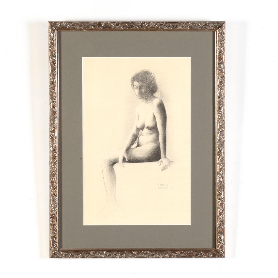 Paul Brown (NC), Seated Nude: graphite on paper, signed, dated and inscribed "Firenze 1989," matted and framed under glass. DOA 19.75 x 14.75 in. From the Collection of Charlotte Rodman, Southern Pines, NC Charlotte is a NC native