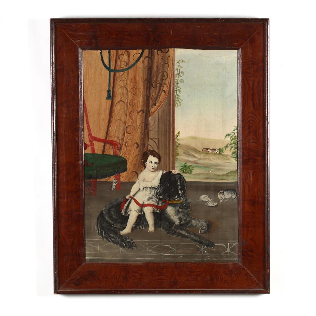 An Antique Folk Art Painting of a Child with Cats and: oil on canvas, unsigned, presented in a period faux grain painted frame. DOA 39 x 30.75 in. Additional high-resolution photos are available at LelandLittle.com