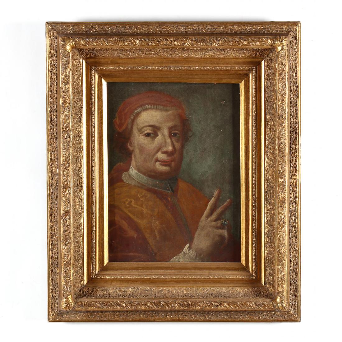 An Antique Portrait of a Cardinal: oil on canvas, unsigned, bust length portrait of a cardinal in his robes and wearing a ring, presented in a later gilt frame. DOA 25.5 x 21.25 in. Additional high-resolution photos are available at L