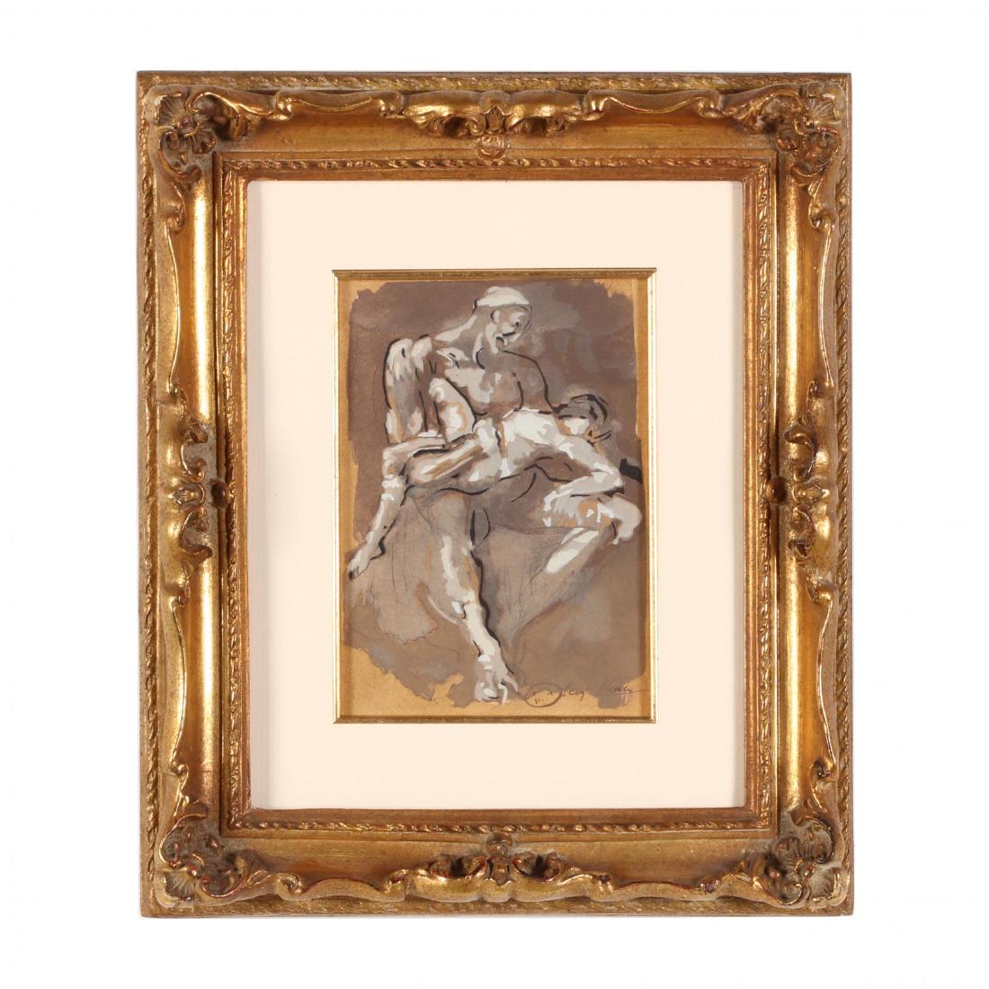 after Auguste Rodin (French, 1840-1917), Ugolin Dans: color pochoir reproduction by Daniel Jacomet, France, second half of 20th century, printed signature, bears Jacomet's blindstamp lower left, matted and presented in gilt frame, original label affixed