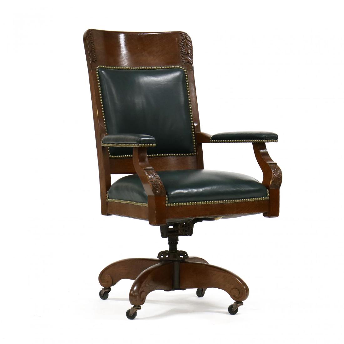 Edwardian Carved Oak and Leather Office Chair (1 of 3)
