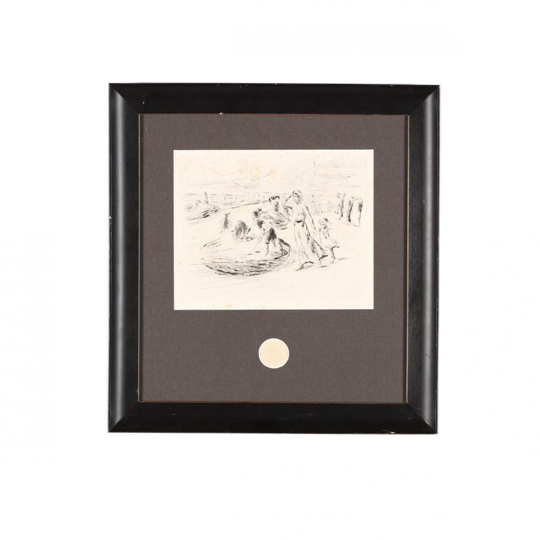 Max Liebermann (German, 1847-1935), Am Strande,: etching, 1914, sheet bears the round Freunde der graphischen Kunst Liepzig blindstamp, matted and framed. Platemark 7 x 9 1/4 in.; DOA 17 1/2 x 16 1/2 in. Additional high-resolution photos are availa