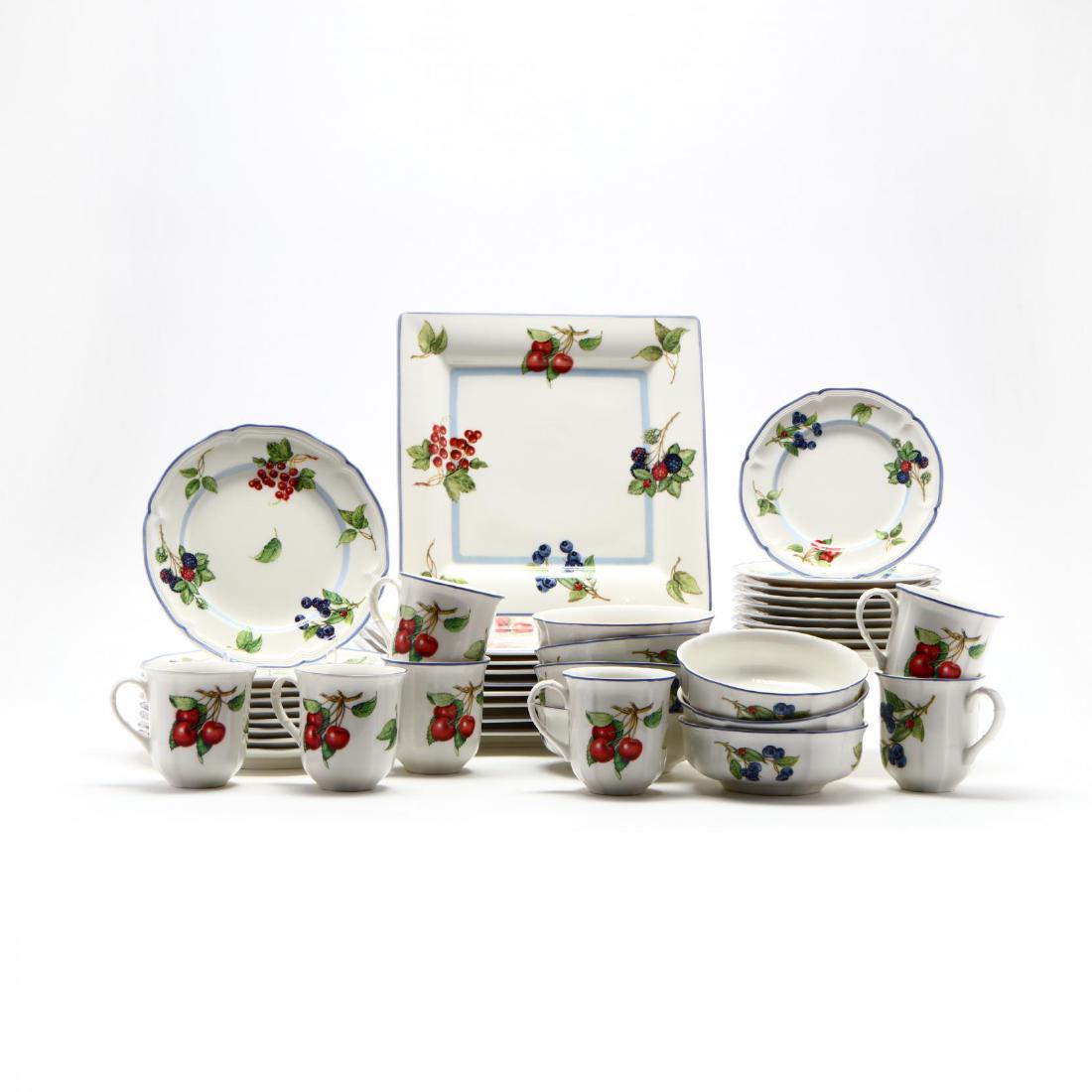 Villeroy and Boch, Dinner Service for Nine: 20th century, to include (9) square dinner plates, (9) salad plates, (9) bread plates, (9) bowls, and (7) cups, all signed. Dinner Plate 10.5 in. Additional high-resolution photos are available at Lel