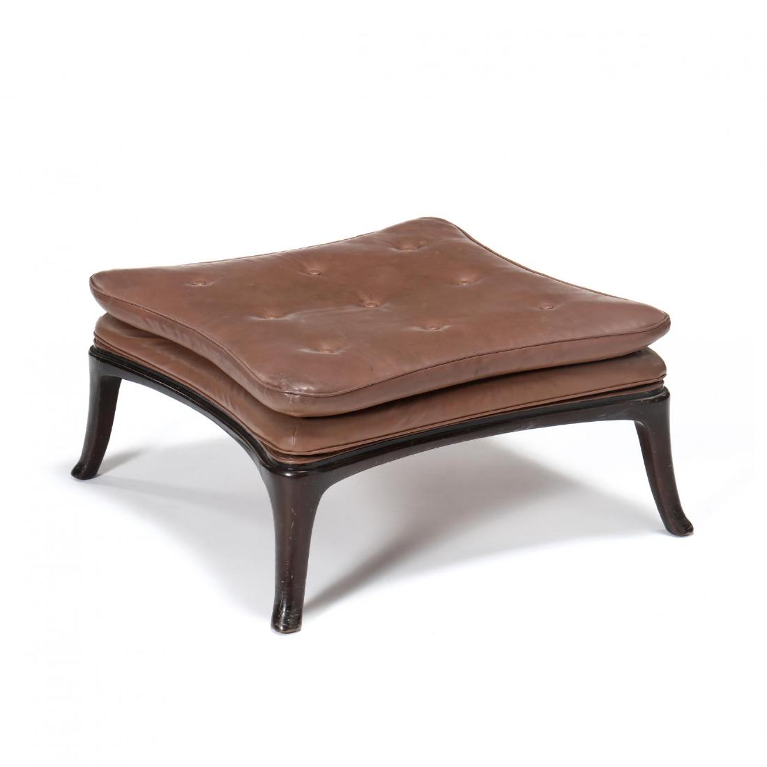 Edward Wormley (American, 1907-1995), Leather Ottoman: Dunbar, 1960s, dark stained mahogany, light brown leather upholstery, tufted cushion, on splayed legs, labeled. 15 x 29 x 29 in. From the Collection of Charlotte Rodman, Southern Pines, NC Charlotte i