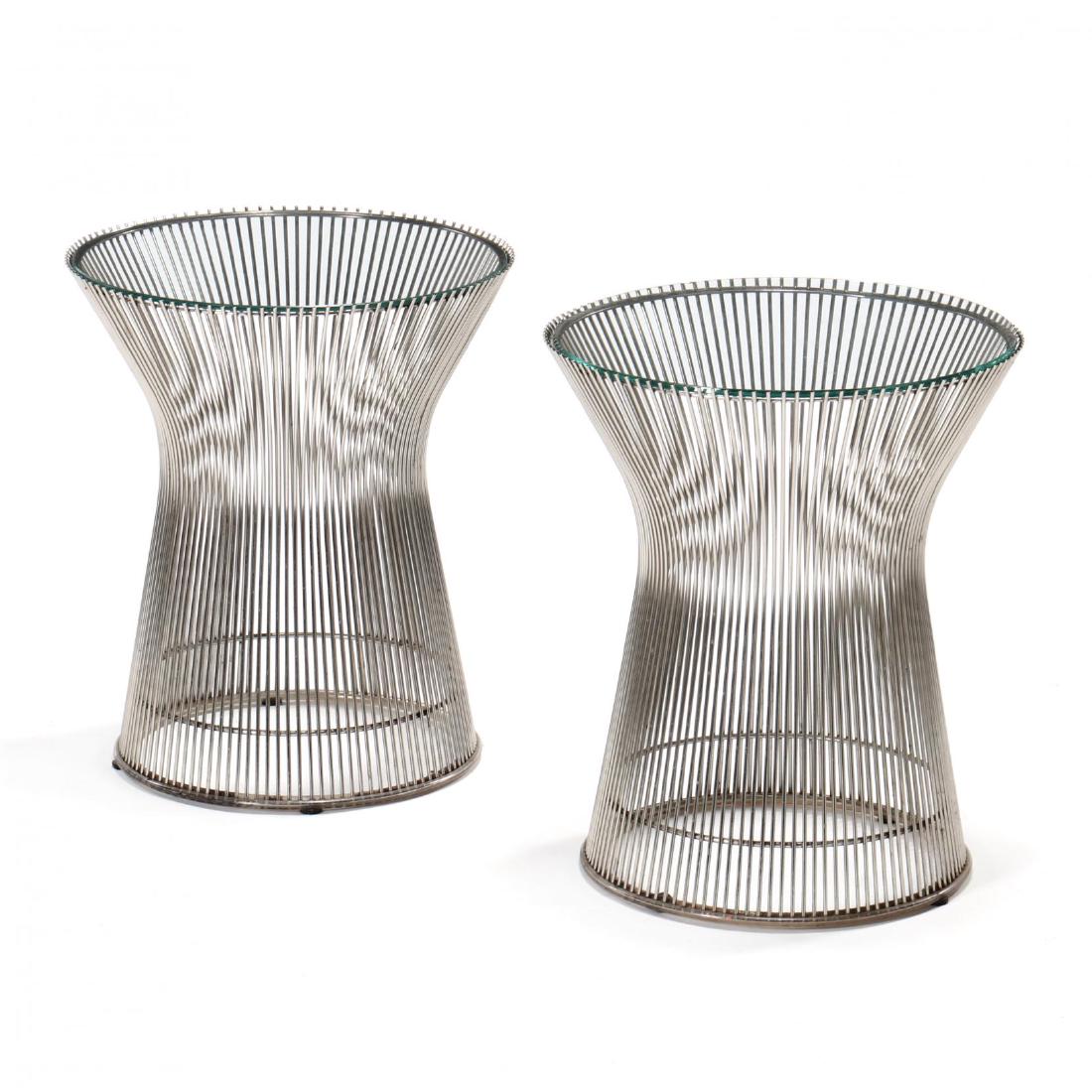 Warren Platner (American, 1919-2006), Pair of Side: Knoll, 1966, polished steel and glass, each with clear acrylic ring base, unmarked. 18 x 16 in. diameter. Additional high-resolution photos are available at LelandLittle.com