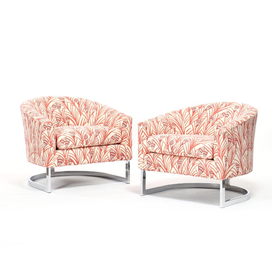 Milo Baughman (American, 1923-2003), Pair of Barrel: Selig, 1970s, later printed upholstery, loose cushion, on chrome base, unmarked. 26 x 31 x 32 in. Additional high-resolution photos are available at LelandLittle.com