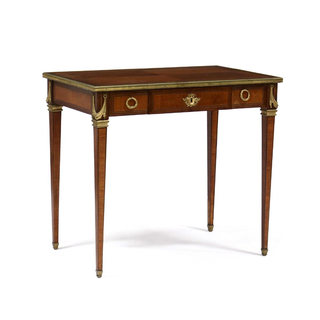 FrÃ©dÃ©ric Schmit, French Inlaid Diminutive Escritoire: circa 1920, mahogany and mixed wood veneers, rectangular top with multiple inlaid borders and corner rosettes with ormolu trim, single drawer with faux drawer reverse having repeating inlays and swag 