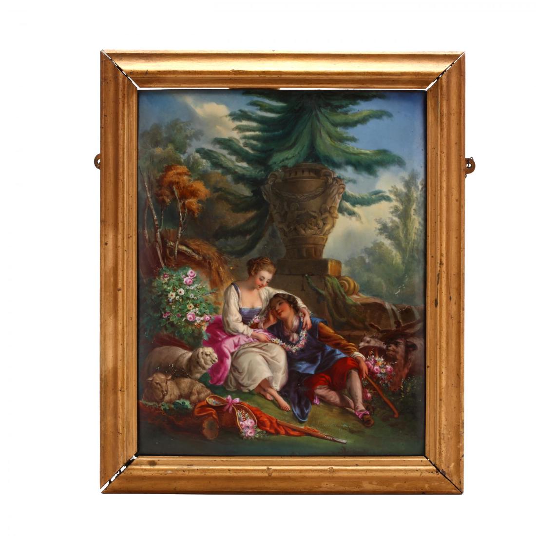 Antique Continental Painting on Porcelain Plaque: circa 1900, of the fine quality painting and porcelain in the style of KPM, pastoral scene of a relaxing shepherd and shepherdess amid their flock, unsigned. Plaque 16.5 x 13 in. Additional high-reso