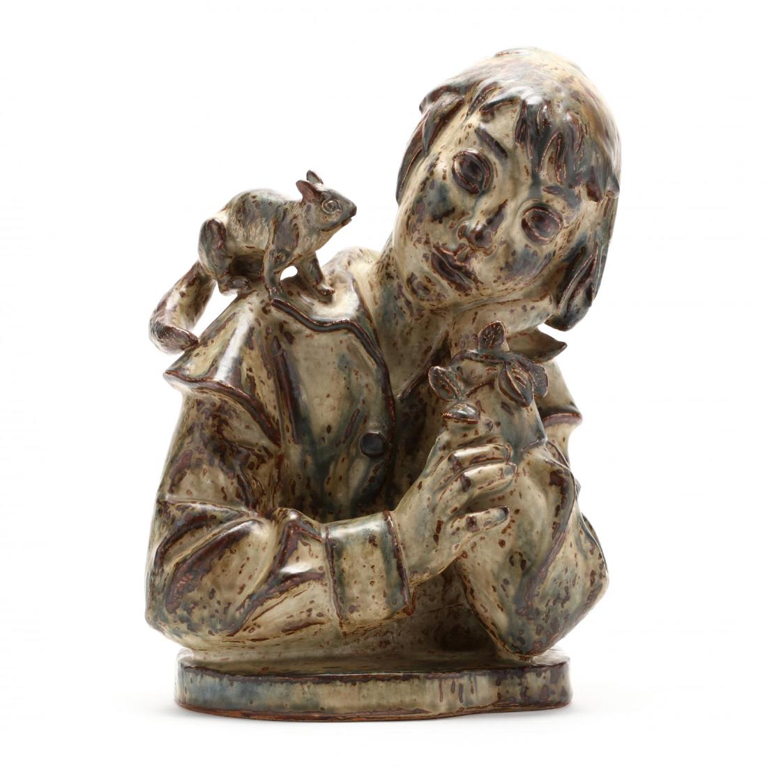 Royal Copenhagen Sculpture, Helge Christoffersen: Denmark, circa 1940s, stoneware modeled as a child with a squirrel, marked on the bottom with initials "HC" and three wavy lines. 15.5 x 10.5 in Additional high-resolution photos are available at Lel