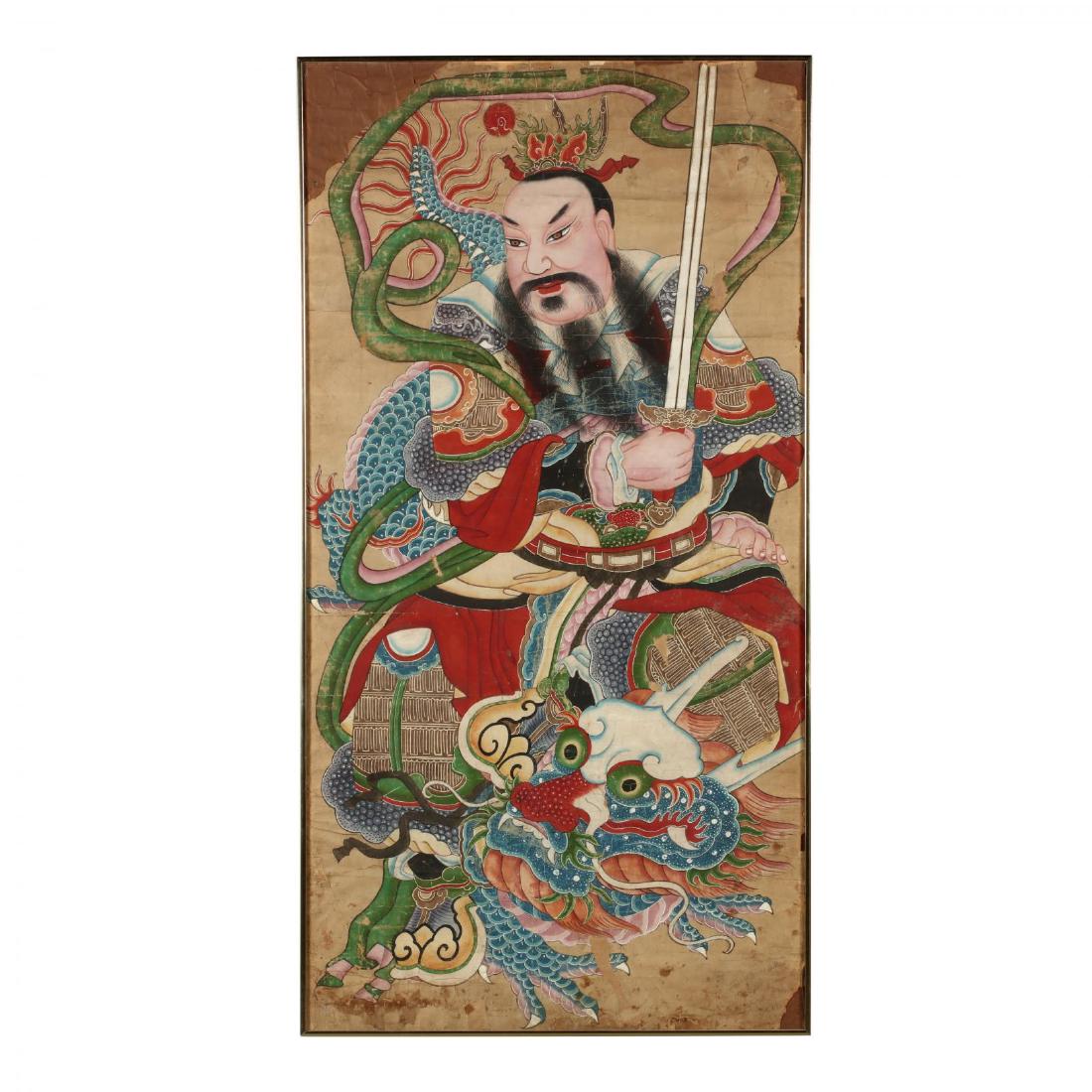 A Chinese Celestial Guardian King Painting: Qing dynasty (1644-1911), ink and colors on paper, the figure holds a sword in one hand and has a blue mang dragon encircling him, dressed in elaborate and colorful armor, his facial hair is executed 