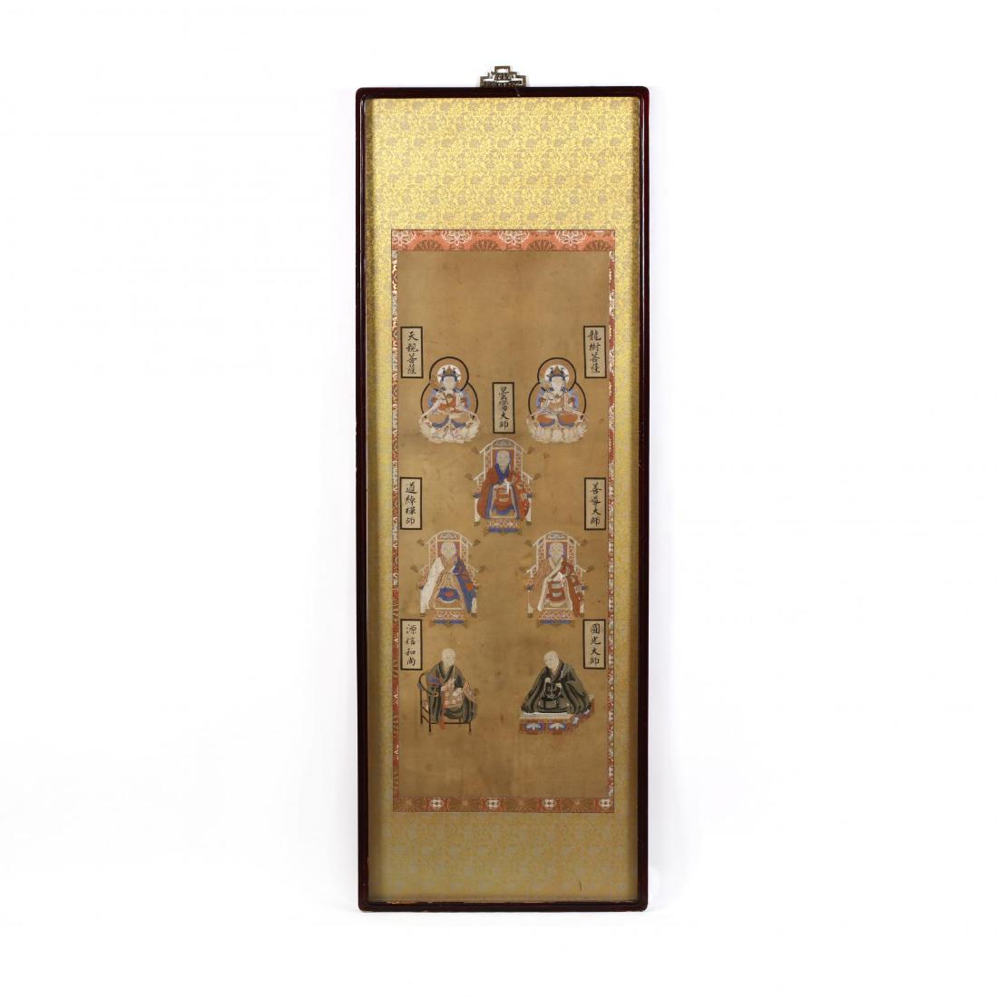 An East Asian Buddhist Painting: Japan or Korea, 19th century, ink and colors on silk, features seven figures, the top two are bodhisattvas, the center three figures are Buddhist monks, and the two figures below are Zen Buddhist monk