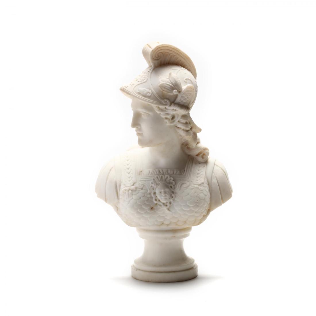 Rafaelo Batelli (Italy, 1856-1928), Carved Marble Bust: circa 1900, the helmeted goddess of wisdom and war is shown wearing scale armor adorned with Medusa's head, the whole on an integral turned base. HOA 14 1/8 in. Additional high-resolution photos are a