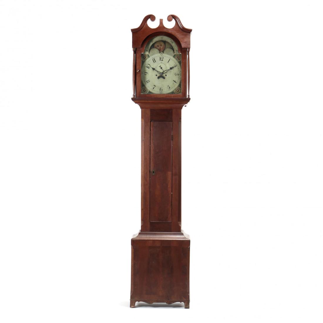 Southern Federal Tall Case Cherry Clock: attributed to Kentucky, poplar secondary, bonnet with broken arch pediment, four turned columns, hinged glass tombstone door, painted metal face with second hand and date dial surmounted by a moon dia