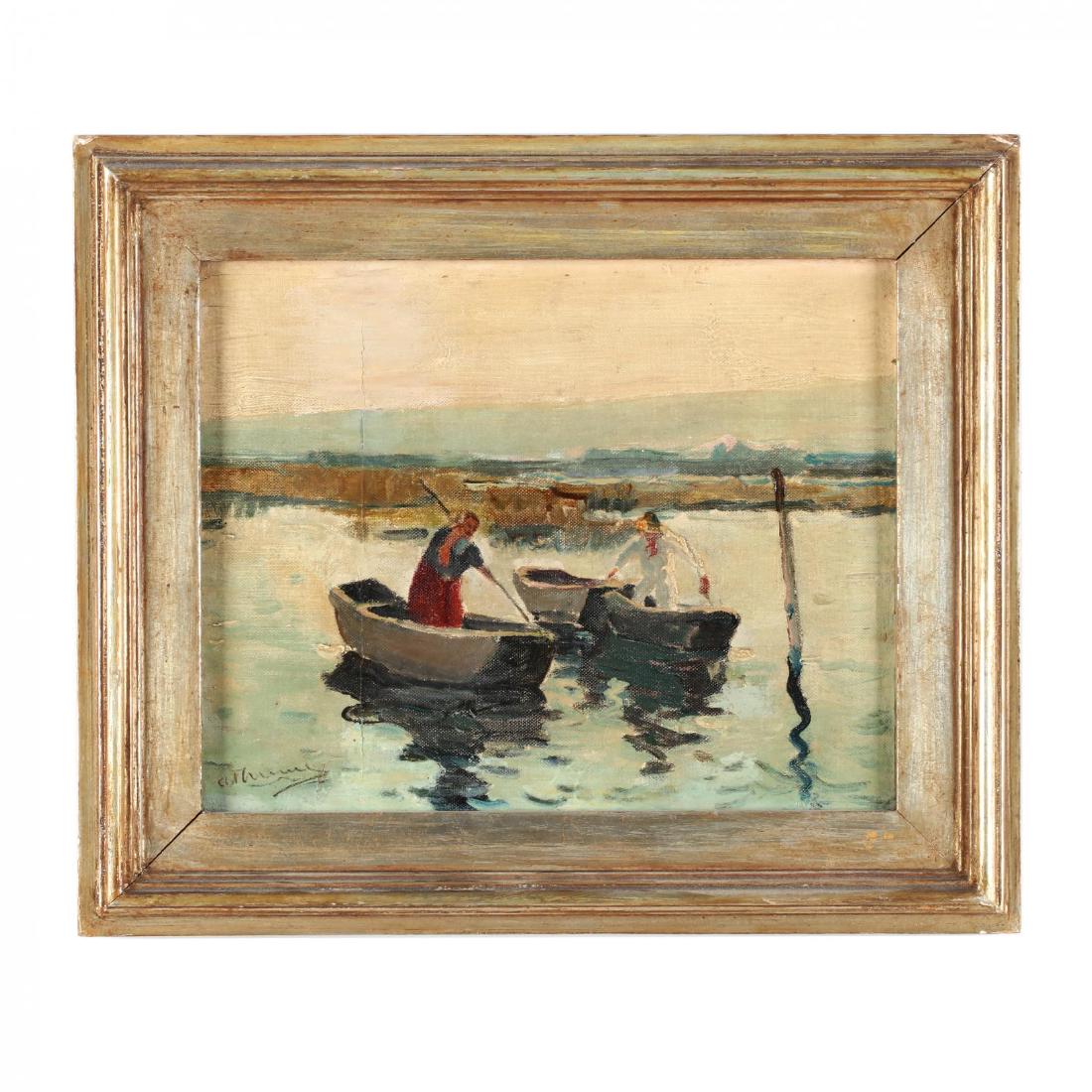 Anthony Thieme (MA, 1888-1954), Marsh Scene with: oil on canvas (lined), signed at lower left, presented in a period frame. SS 7.5 x 9.5 in.; DOA 11 x 13 in. From the Collection of Charlotte Rodman, Southern Pines, NC Charlotte is a NC native with a
