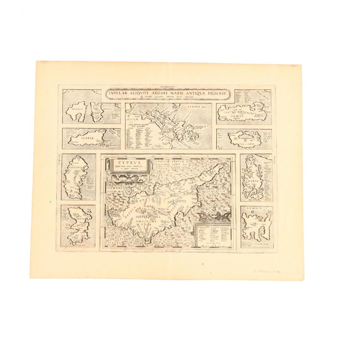 Ortelius, Abraham. Insular. Aliquot Aegaei Maris: dated 1584, from Theatrum Orbis Terrarum (Antwerp, late 16th century), copperplate engraving, depicting Cyprus and prominent Aegean islands, verso with Latin text, one page with XXX pagination. Unfram