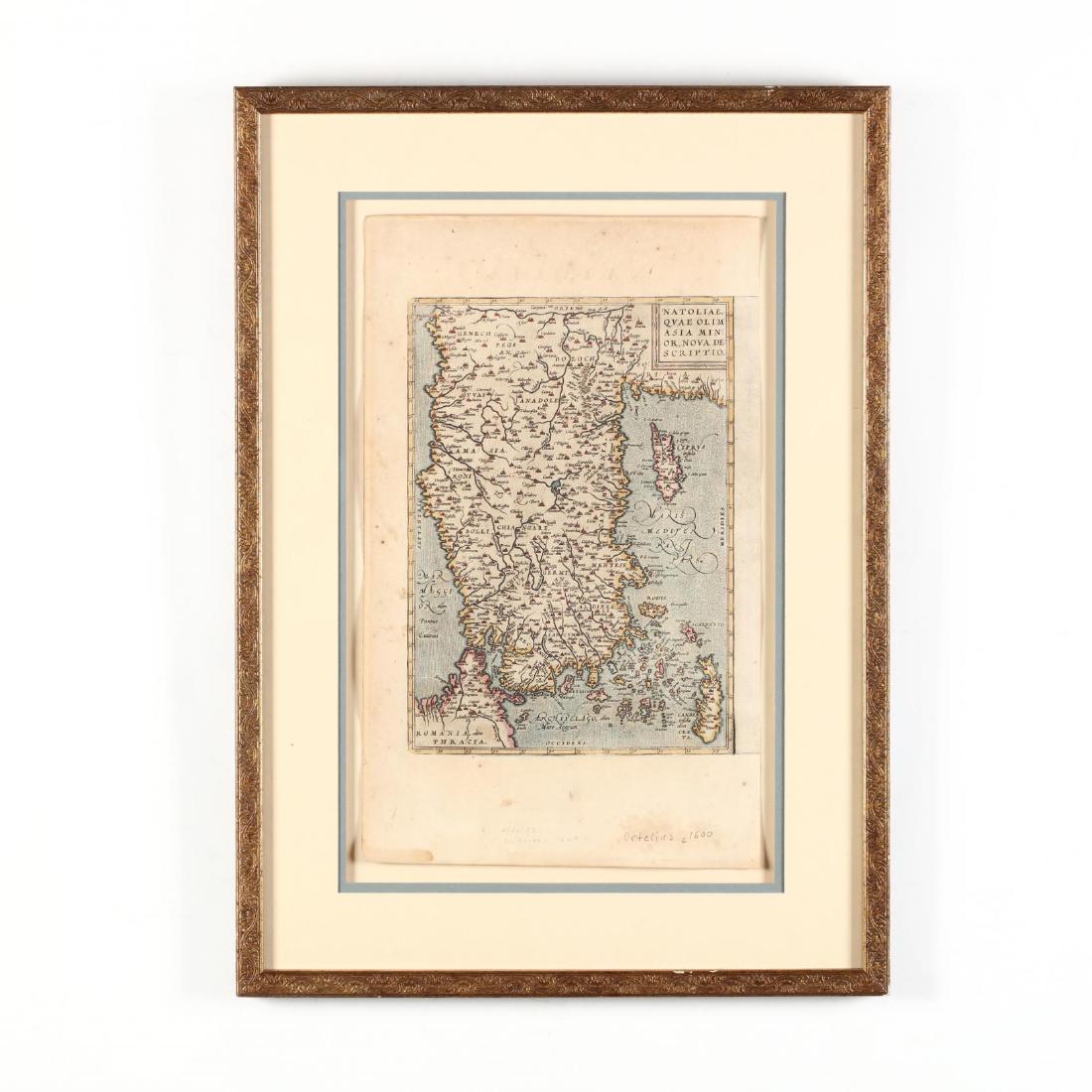 Ortelius, Abraham. Natoliae, Quae Olim Asia Minor: copperplate engraving with outline color, from Theatrum Orbis Terrarum, circa 1600, showing Asia Minor, Crete, and Cyprus; Latin text en verso; presented in carved gilt wooden frame. DOA 18 x 25.25 in