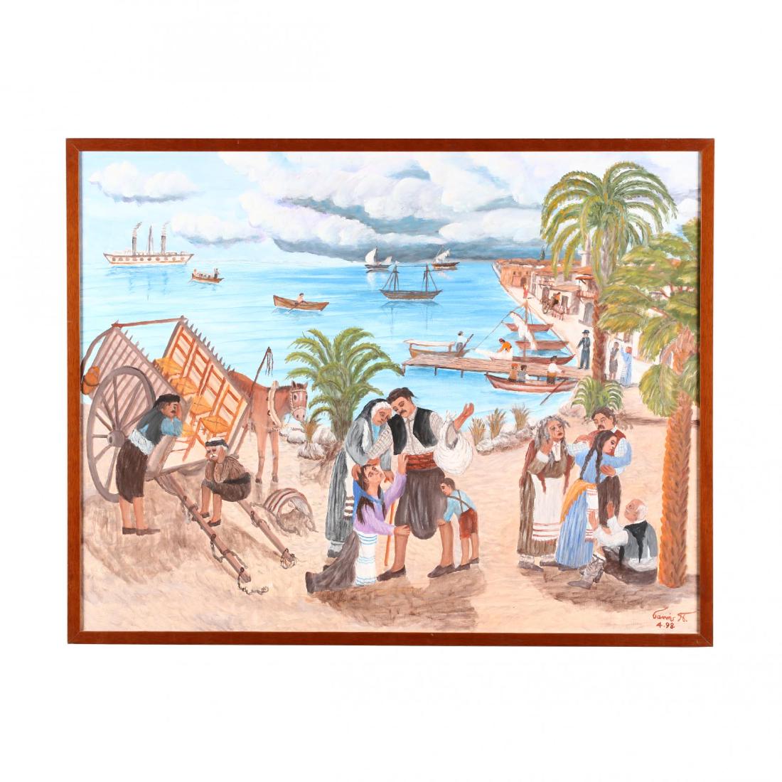 Yiannis Pelekanos (Cypriot, b. 1937), The Goodbye: oil on canvas, artist-signed and dated "4.98" lower right. In wooden frame. DOA 29 x 37 in. For over 50 years Yiannis Pelekanos has been painting colorful scenes of daily life in a vanishing Cyprus. H