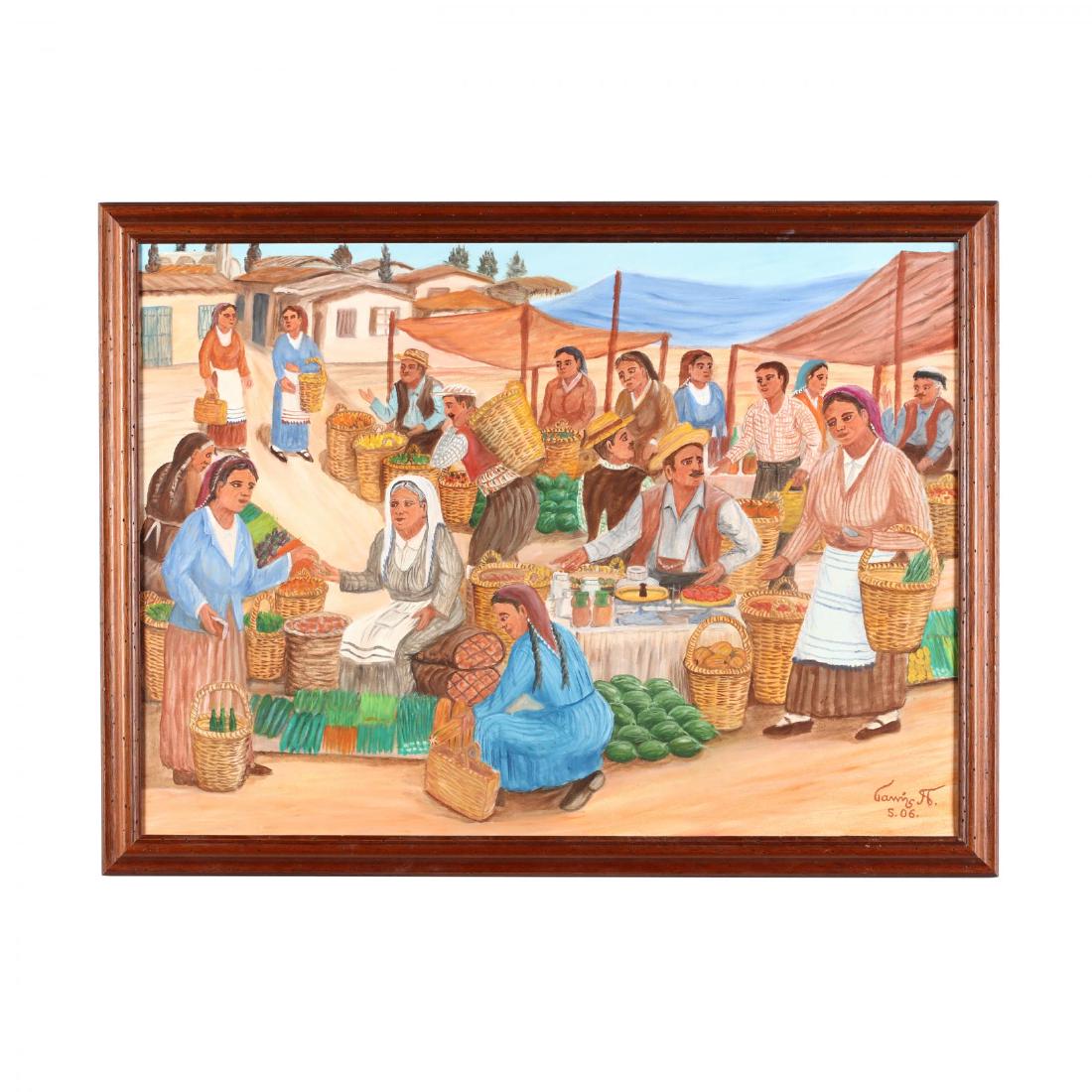 Yiannis Pelekanos (Cypriot, b. 1937), An Outdoor Market: oil on canvas, artist-signed and dated "5.06" lower right. In wooden frame. DOA 29 x 38.5 in. For over 50 years Yiannis Pelekanos has been painting colorful scenes of daily life in a vanishing Cyprus.