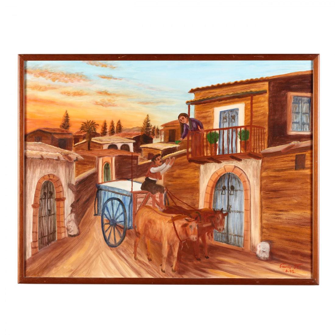 Yiannis Pelekanos (Cypriot, b. 1937), Village Courtship: oil on canvas, artist-signed and dated "4.95" lower right. In wooden frame. DOA 27 x 35 in. For over 50 years Yiannis Pelekanos has been painting colorful scenes of daily life in a vanishing Cyprus. H