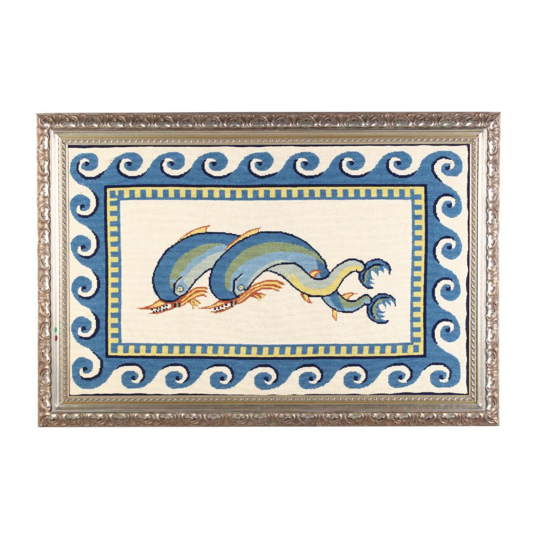 Needlepoint Depiction of Dolphins After a Roman Mosaic (1 of 3)