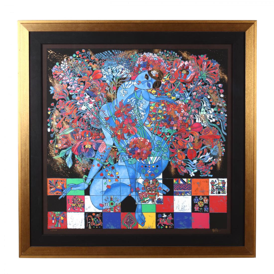 A Monumental Asian Serigraph: 20th century, possibly by Zhou Ling, a well-known and very popular artist of the Yunnan School, numbered with Roman numerals in gold ink to lower left margin and signed in gold ink to lower right marg