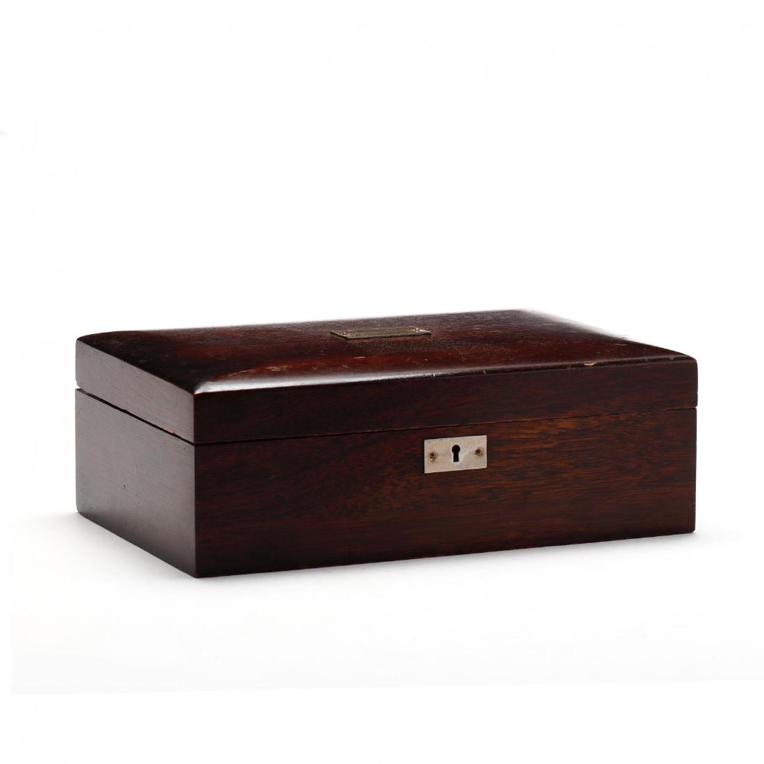 Vintage Mahogany Humidor: early 20th century, with silver plaque, chrome plated interior, unmarked. 4 x 12 x 8 in. From the Estate of the late Gene Fisher, Raleigh, North Carolina. Additional high-resolution photos are availab
