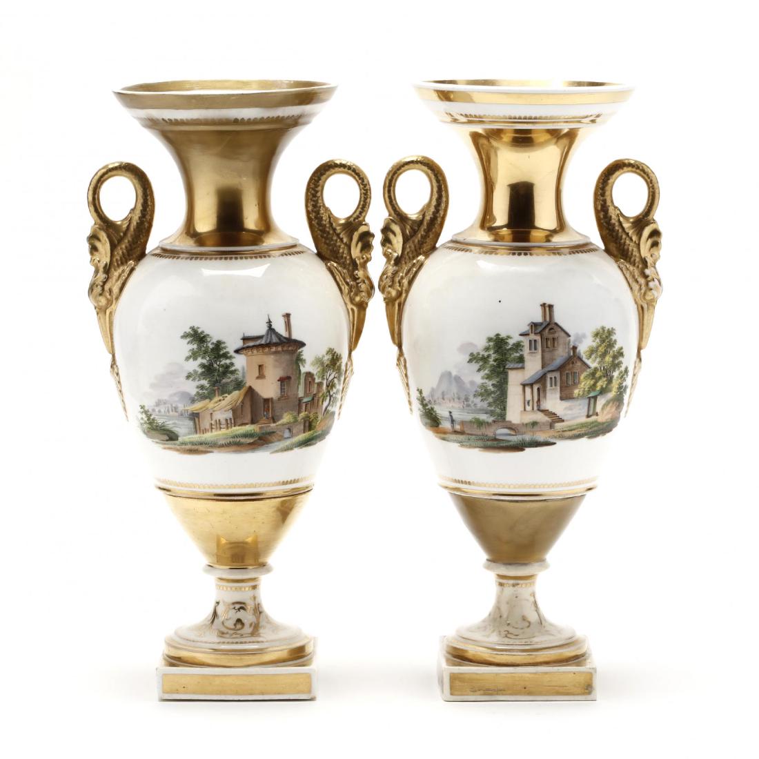 Pair of Early Swansea Gilt Vases: circa 1815, gilt dolphin handles both with landscape scenes, unmarked. 12 x 6 in. From the Estate of the late Mary Briggs Shuford, Blowing Rock, NC Additional high-resolution photos are available at L