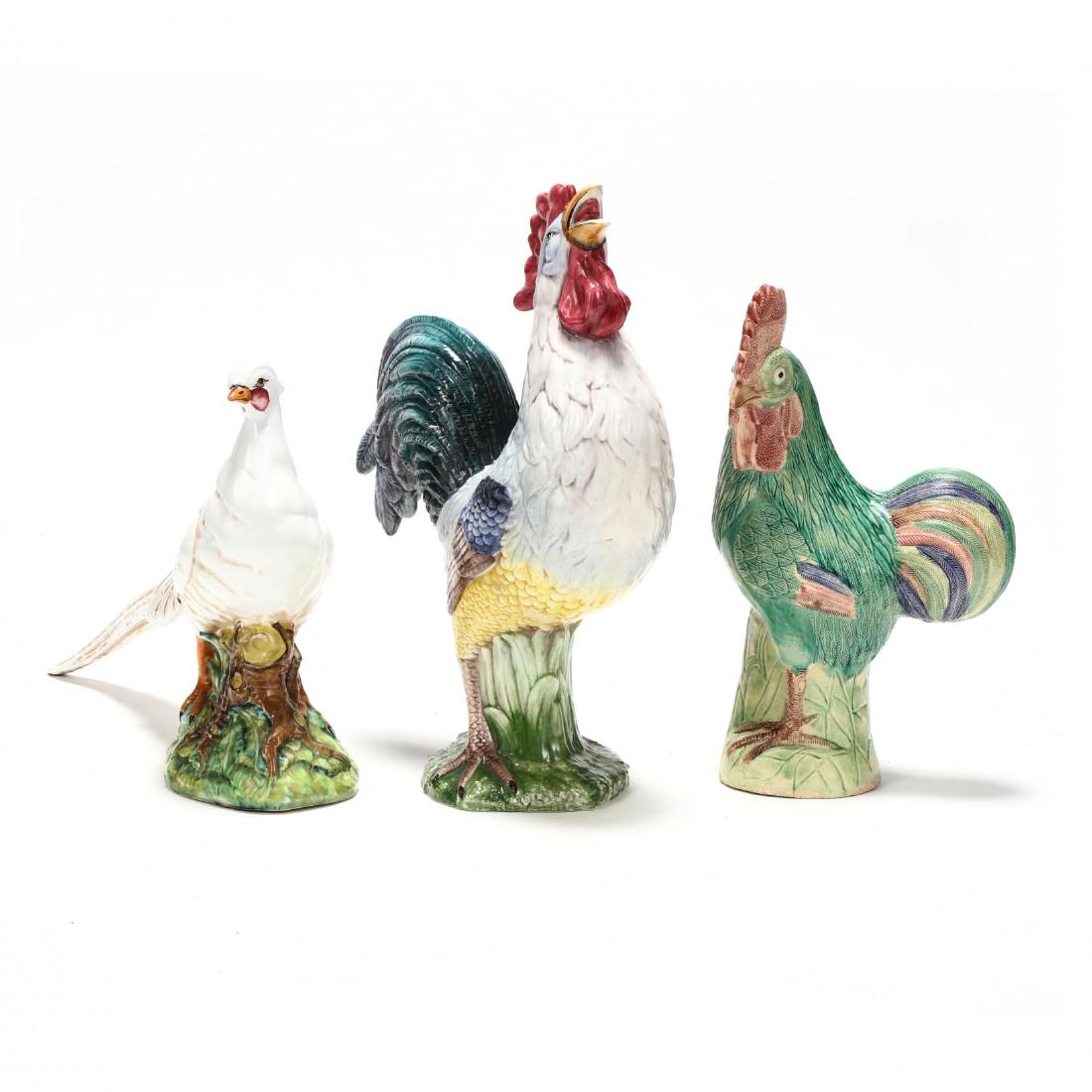 Three Majolica Birds: made in Italy, a Vietri rooster crowing; an unmarked rooster and a pea hen. Vietri rooster 23 in.; Pea hen 15.75 x 22 in. From the Estate of the late Gene Fisher, Raleigh, North Carolina. Additional h