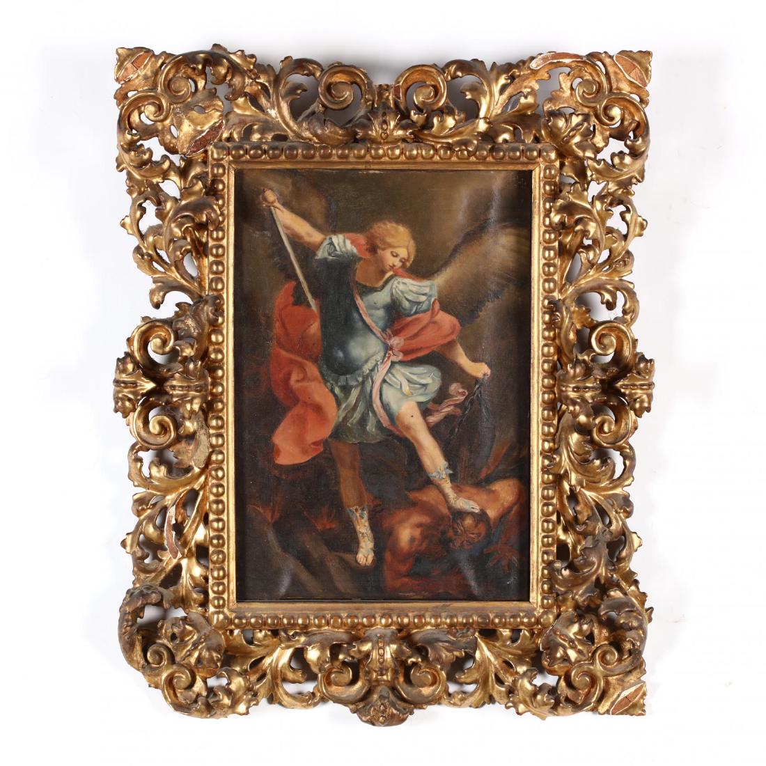 after Guido Reni (Italian, 1575-1642), The Archangel: oil on canvas, unsigned, 19th century, presented in a period carved and gilt wood Florentine frame. DOA 21 x 16 in. From the Collection of the late Nicholas Ellis, New York, NY Additional high-resolut