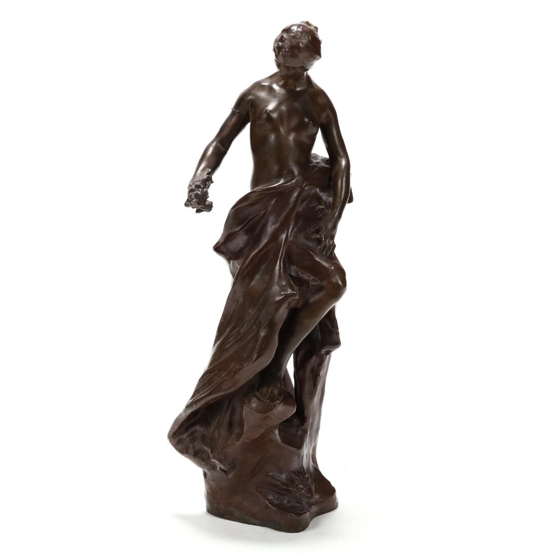 Pierre Devaux (French 1865-1938), Bronze Sculpture of a: early 20th century, the figure grasping gathered flowers with flowing drape standing on a rocky plinth, signed in the casting P. Devaux. 25 in. From the Estate of the late Gene Fisher, Raleigh, North 