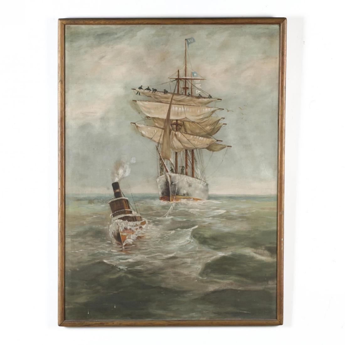 An Antique Maritime Painting with Ship and Tugboat (1 of 2)