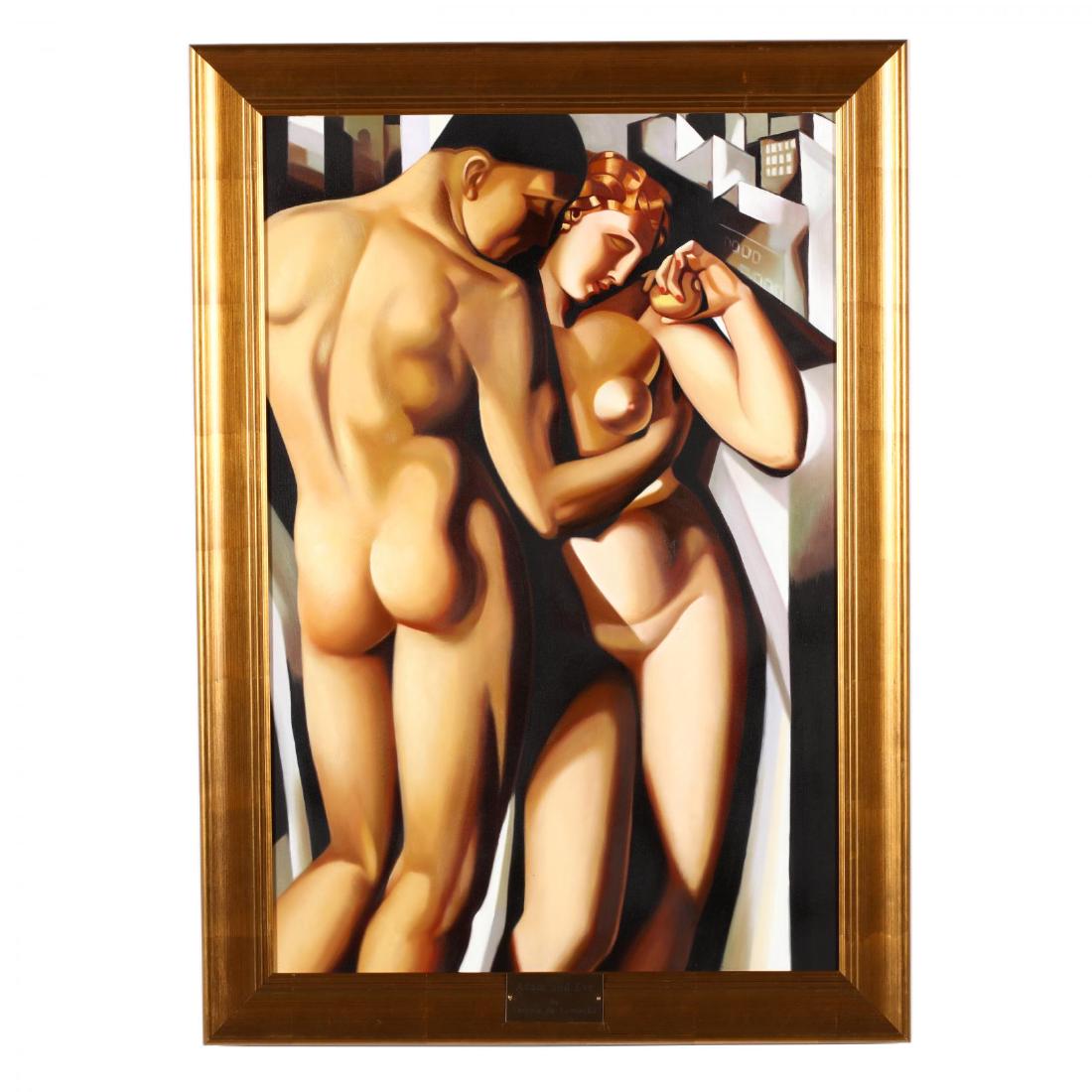 after Tamara de Lempicka, Adam and Eve: oil on canvas, a contemporary copy of the Polish artist's 1932 work. Presented in a coppery toned wooden frame with brass name plaque. DOA 41.5 x 30 in.; SS 35.5 x 23.75 in. From the Collection of The