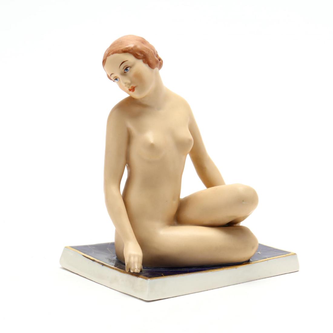 Royal Dux, Art Deco Porcelain Figure of a Nude: hand painted and gilt, marked. 6.5 in. From the Estate of the late Gene Fisher, Raleigh, North Carolina. Additional high-resolution photos are available at LelandLittle.com