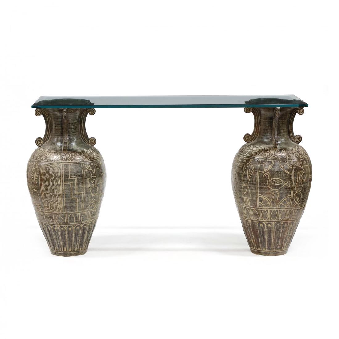 Egyptian Motif Double Pedestal Console Table (1 of 3)