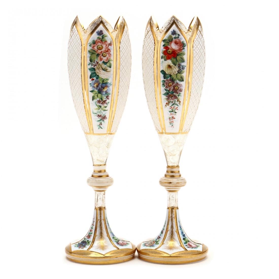 Moser, Pair of Tall Diamond Cut and Painted Glass Vases (1 of 3)