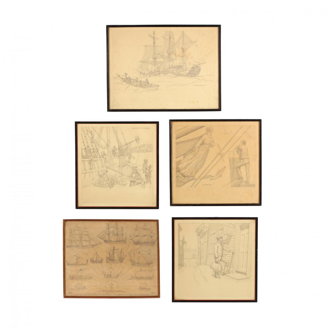 Griffith Baily Coale (NY/CT/MD, 1890-1950), Five: graphite on paper, one signed and dated 1941, four illustrate Moby Dick and one is a diagram of ships, all but one in uniform black painted frames. DOA 19 1/2 x 25 3/8 in. (the largest) Private Collec